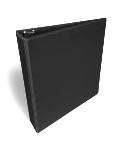 A black 1 ½ inch D-ring binder with a clear view front cover for customizable inserts, designed for organizing documents.