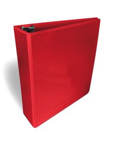 A red 2 inch D-ring binder with a clear view front cover for customizable inserts, designed for organizing documents.