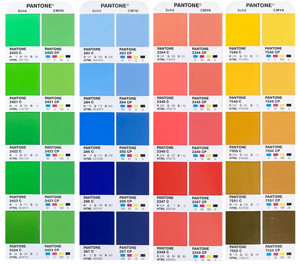 Pantone swatches showing colour shift from PMS to CMYK